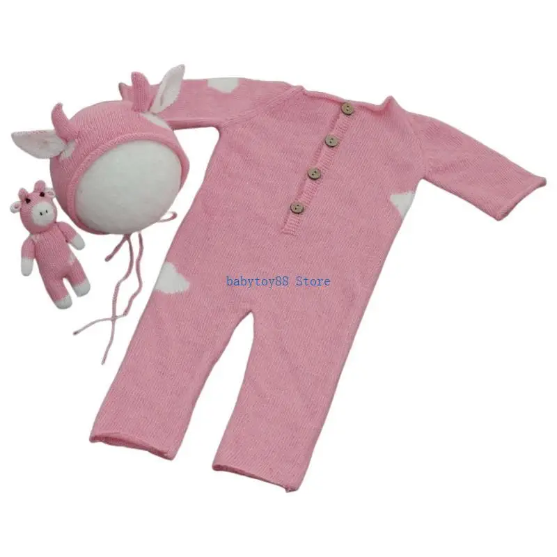 Y4ud 3 шт. Детская вязаная коровая шляпа животное для куклы, установка ручной работы вязание крючком мохер шапочки