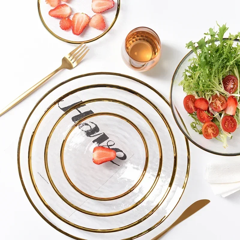 Nordic Glod Charger Dinner Glass Dish Plate Soup Salad Fruit Bowl Bead Dessert Wedding Plate Tableware Decorative