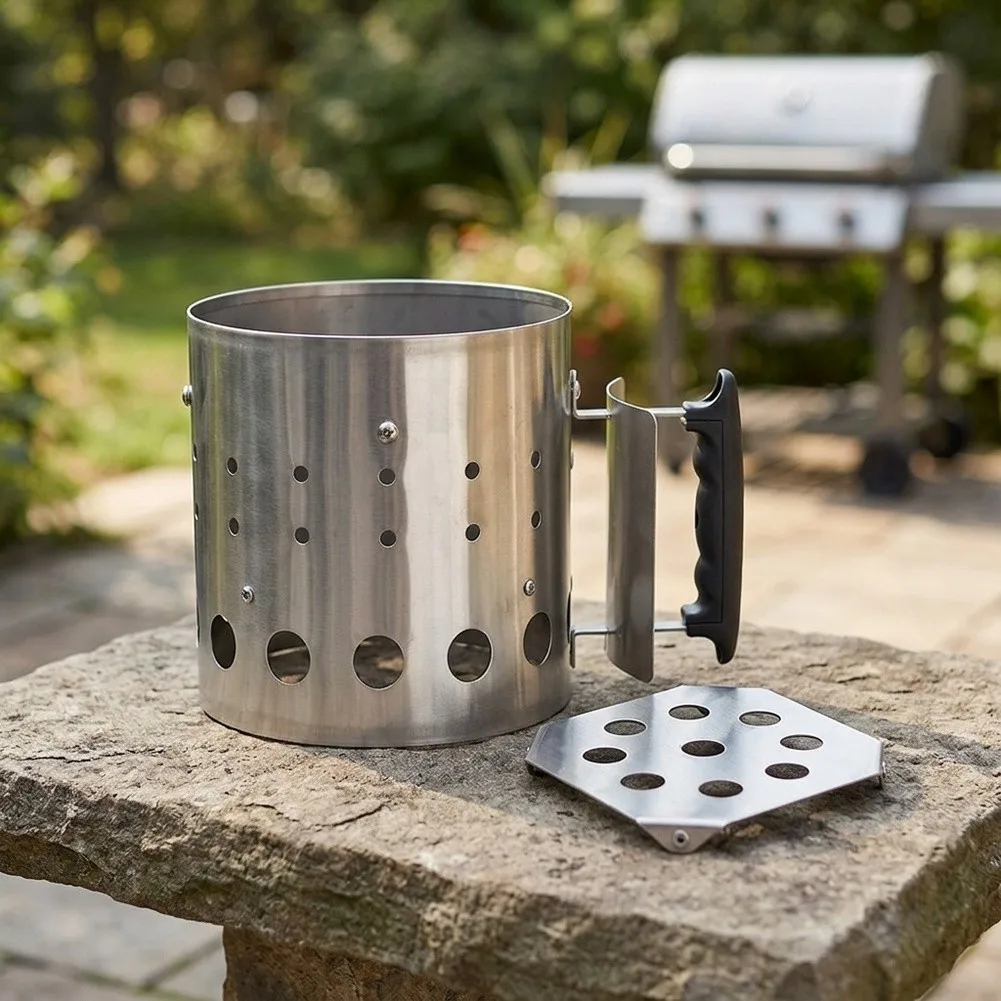 BBQ Charcoal Bucket and Grate Kit Stainless Steel 31 x 22 x 20 cm + 18 x 18 cm for Outdoor Grilling and Travel Setup