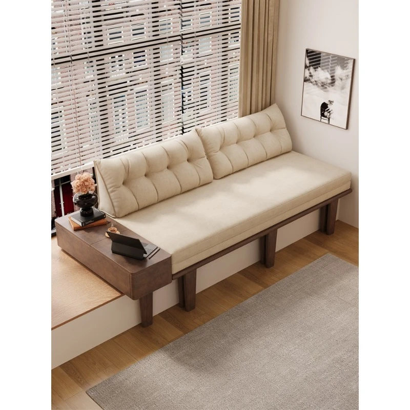 bay window pulling solid wood bed with side cabinet, small apartment telescopic bed frame transformation