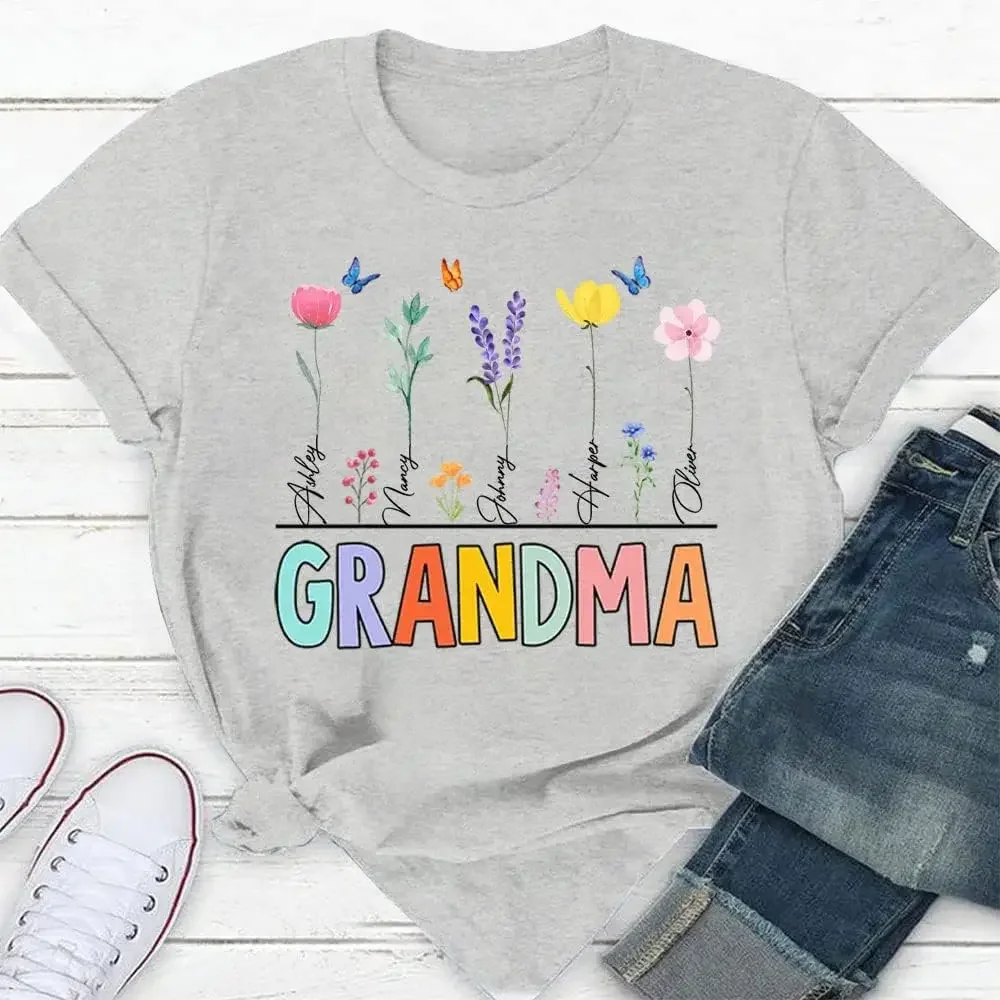 Personalized T-Shirt for Nana from Grandkids Gifts for Grandparents Mom Mama Grandma Flower Garden Custom Name Short Sve Tee