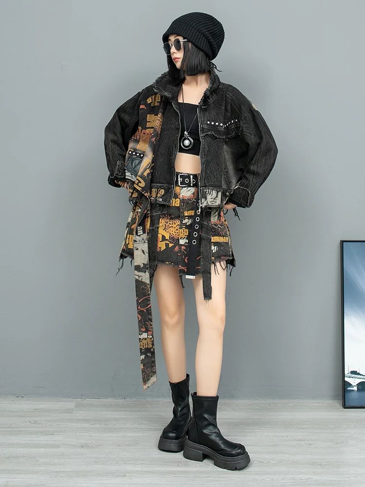 2024 Autumn Trendy Design Printed Dress Set Vintage Denim Long Sleeved Cardigan Jacket + Short Skirt Two-piece Set Women ZF229