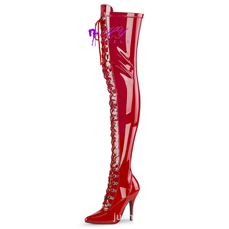 CACA 12CM Women Thigh Boots,Pole Dancing Shoes,Men Cosplay High Heels Botas,Pointed Toe,Front Laces,DIY,Big 44,45,46,Dropship