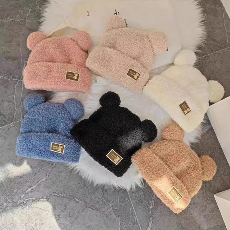 Fashion Autumn Winter Women Beanies Caps Warm Cute Bear Ear Hat Casual Couple Knitted Plush Soft