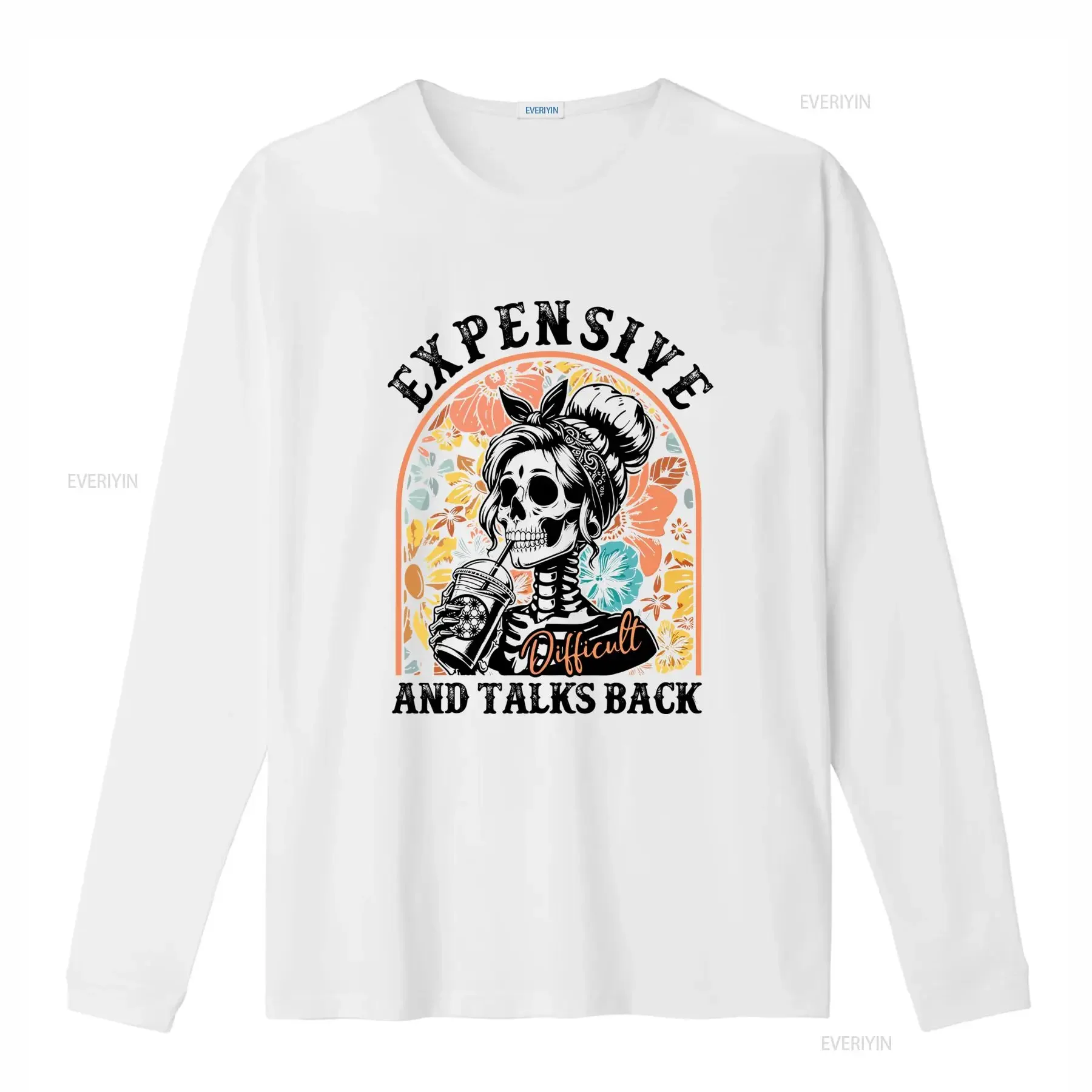 Expensive Difficult And Talks Back T Shirt Funny Women Saying Sarcastic Wife Mom Skeleton Casual Crew Neck Slight Stretch