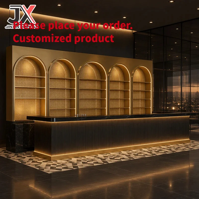 custom.Custom Design Modern Fluted Panel Pub Bar Counter Marble Storage Cabinet LED Arched Wine Display Rack Store Commercial Fu