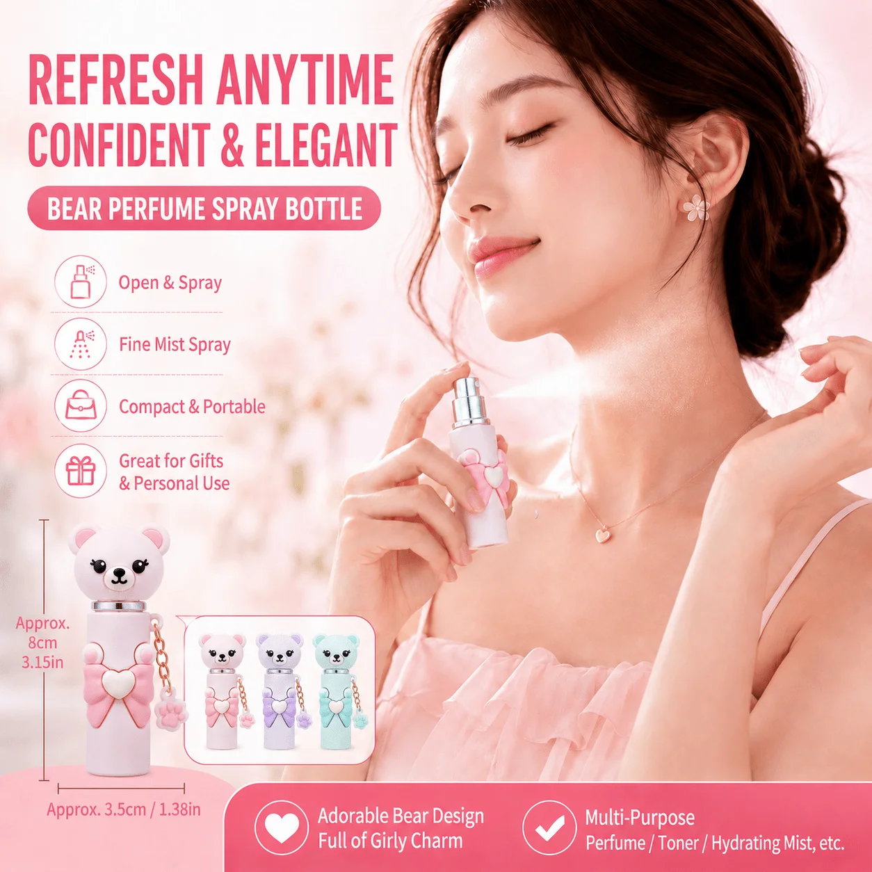 Cute Bow-Knot Teddy Bear Mini Refillable Perfume Spray Bottle, with Paw Print Pendant Keychain, Portable Travel Fine Mist Sprayer, Detachable Teddy Bear Cap Fragrance Container, Girly Pastel Fragrance Sprayer, Cute Gift for Girls and Women view 2