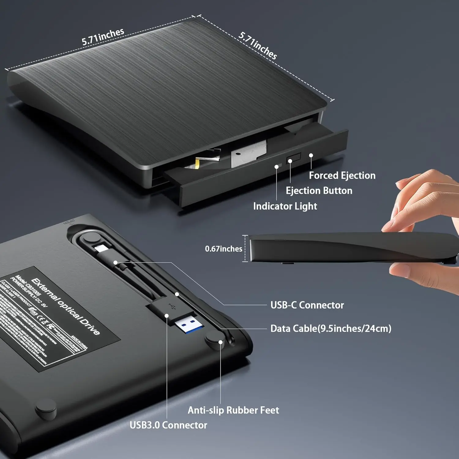 محرك أقراص DVD خارجي، 2 في 1 USB 3.0 Type-C موقد أقراص مضغوطة محمول، CD ROM +/-RW مشغل أقراص مضغوطة خارجي لسطح المكتب والكمبيوتر المحمول #5