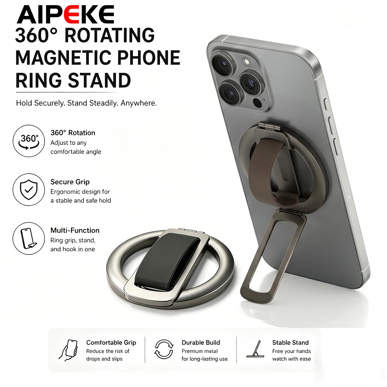 Universal Magnetic Folding Phone Stand Grip Silicone Finger Phone Holder Ring 360° Rotation Holder For Magsafe iPhone Samsung - view 2