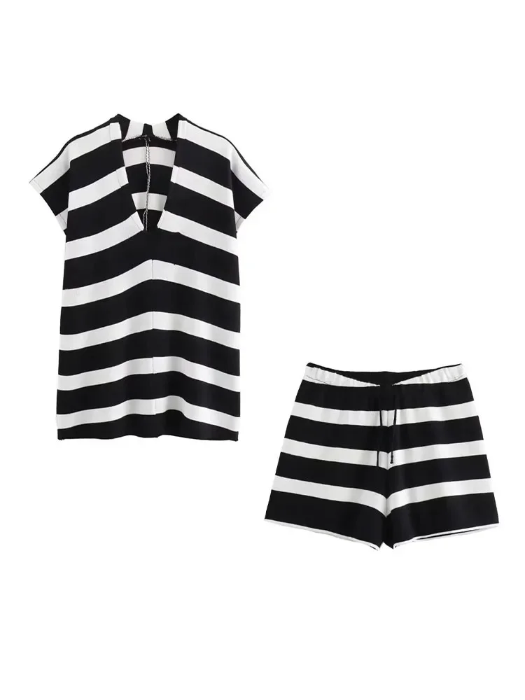 

HH TRAF Woman Casual Stripe 2 Piece Set Summer V-Neck Short Sleeves Loose Top Female Fashion Drawstring High Waist Shorts