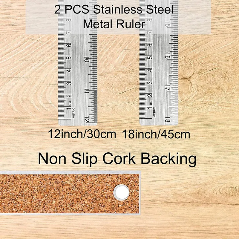 Metal Ruler Stainless Steel Ruler With Cork Backing:(12+18 Inch) Stainless Steel Ruler Non-Slip Rulers With Inch And Centimeters