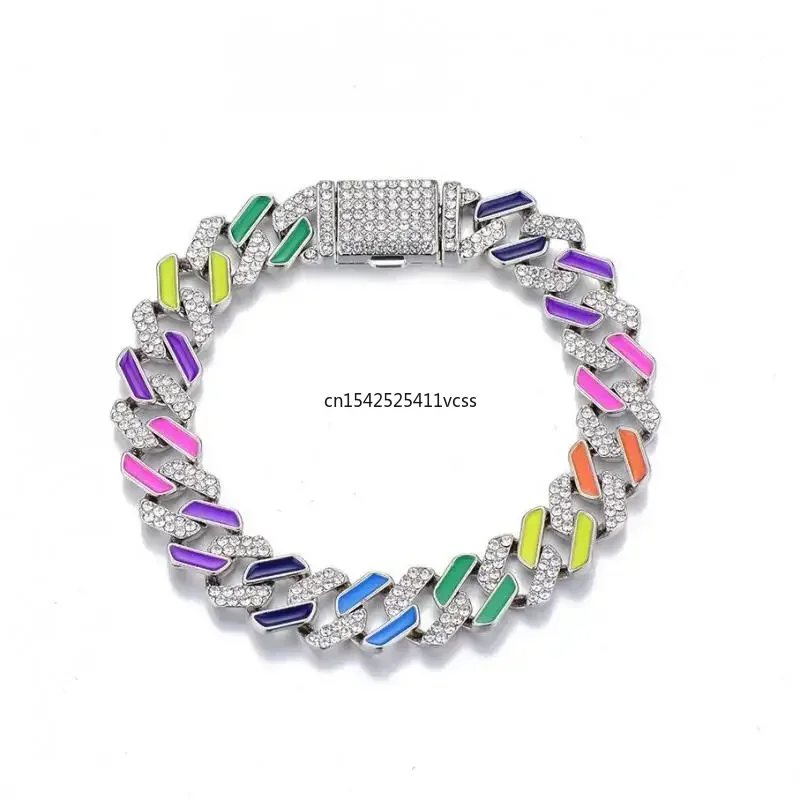 12mm Iced Out Golden Cuban Link Chain Bracelet for Men Women  Neon Colorful Green Pink Enamel Anklet Bangle Rainbow Jewelry 10