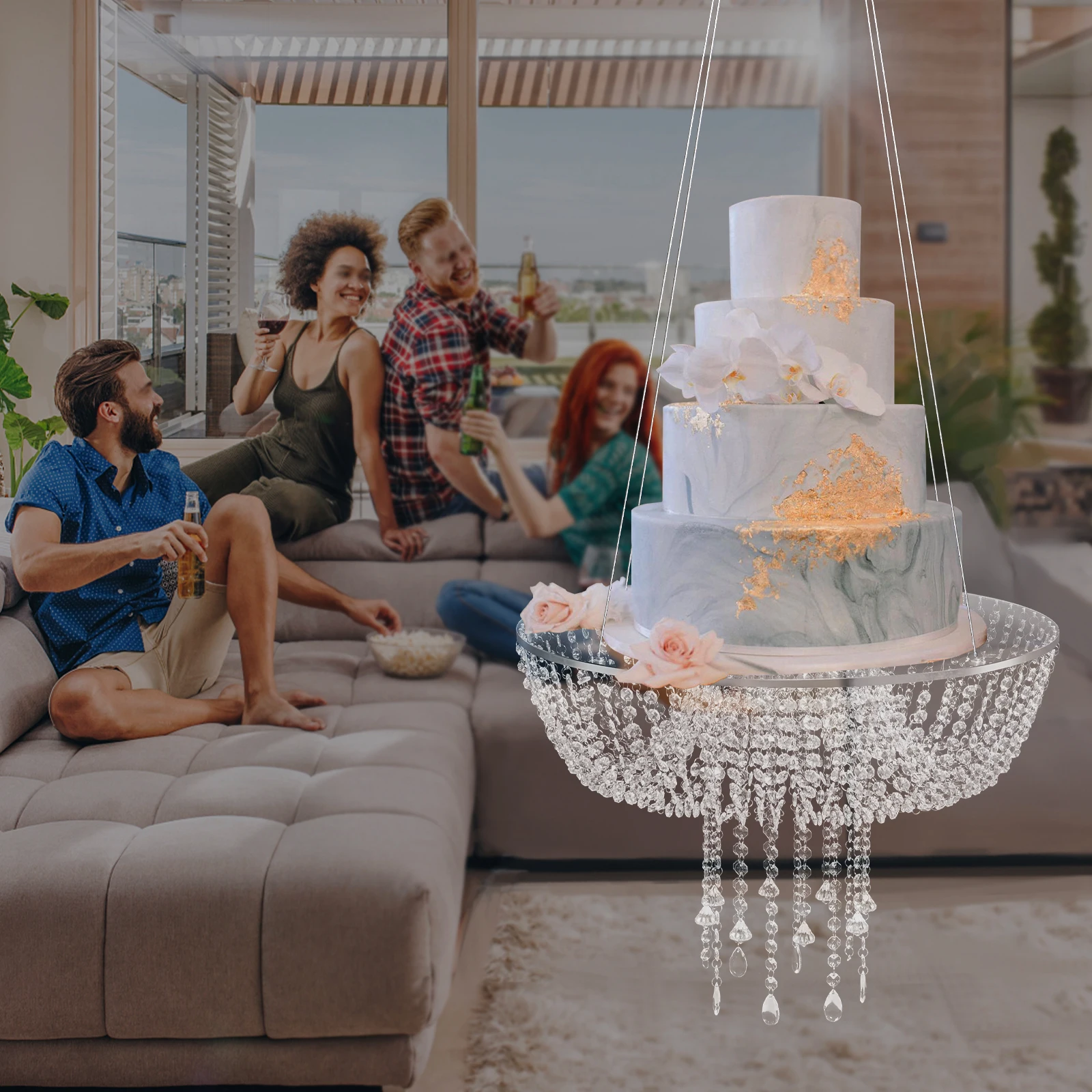 

BYMAOCAR Acrylic Cake Stand, 23.6" Diameter Ceiling-mounted To Display Cakes for Birthdays, Weddings, Parties 33-44 Lbs Load