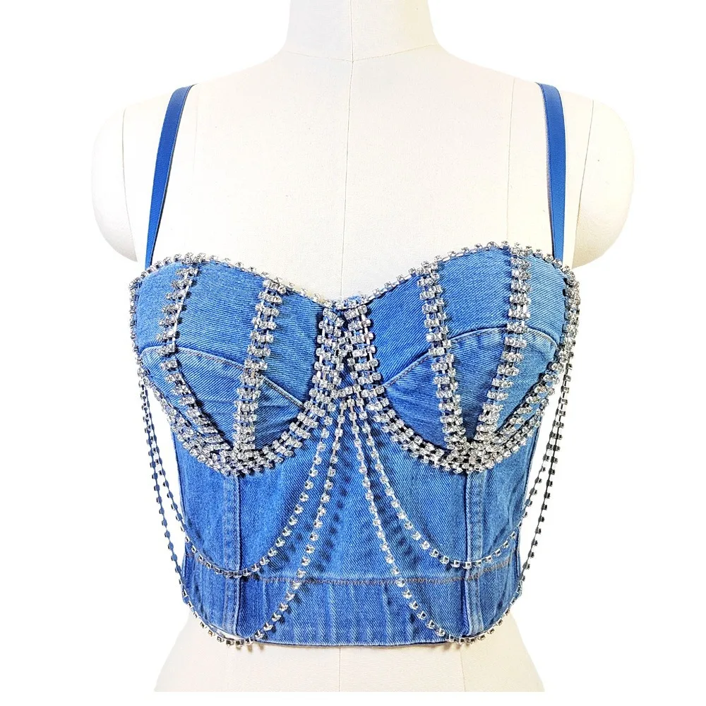 Denim Tube Top with Chains and Diamonds Sexy Bra Crop Top Women  Fishbone Body Shaper Night Club Corset Bralette Mujer Lingerie