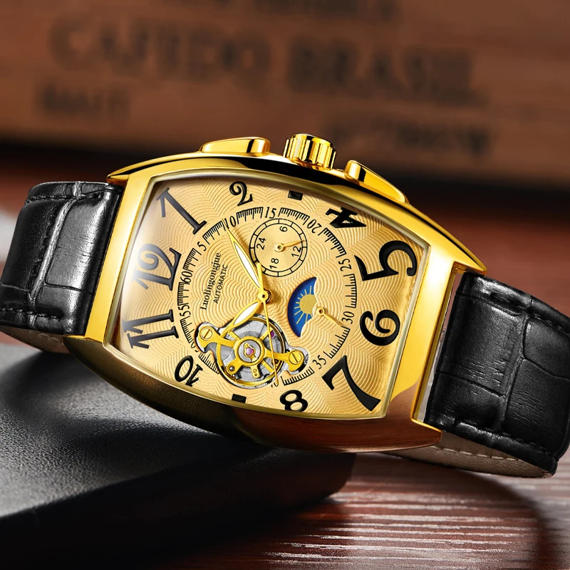 Top-Of-The-Line Luxury Barrel-Shaped Business Men's Mechanical Watch, Automatic Winding, Skeleton Design, Leather Strap, European and American Style, Light Luxury, High-End Fashion, Casual, Versatile, Stylish, Social, Trendy Men's Watch, the Best Gift for Him