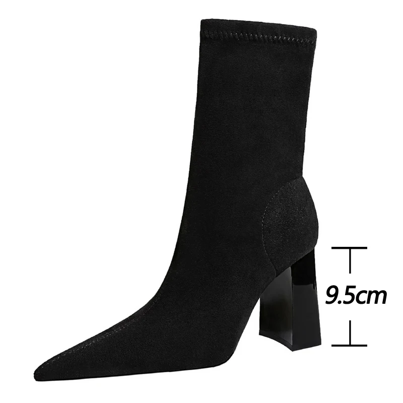 BIGTREE 2024 New Autumn Winter Boots Women High Heel Boots Suede Thick Heel Ankle Boots Pointed Shoes Fashion Black Sock Boots