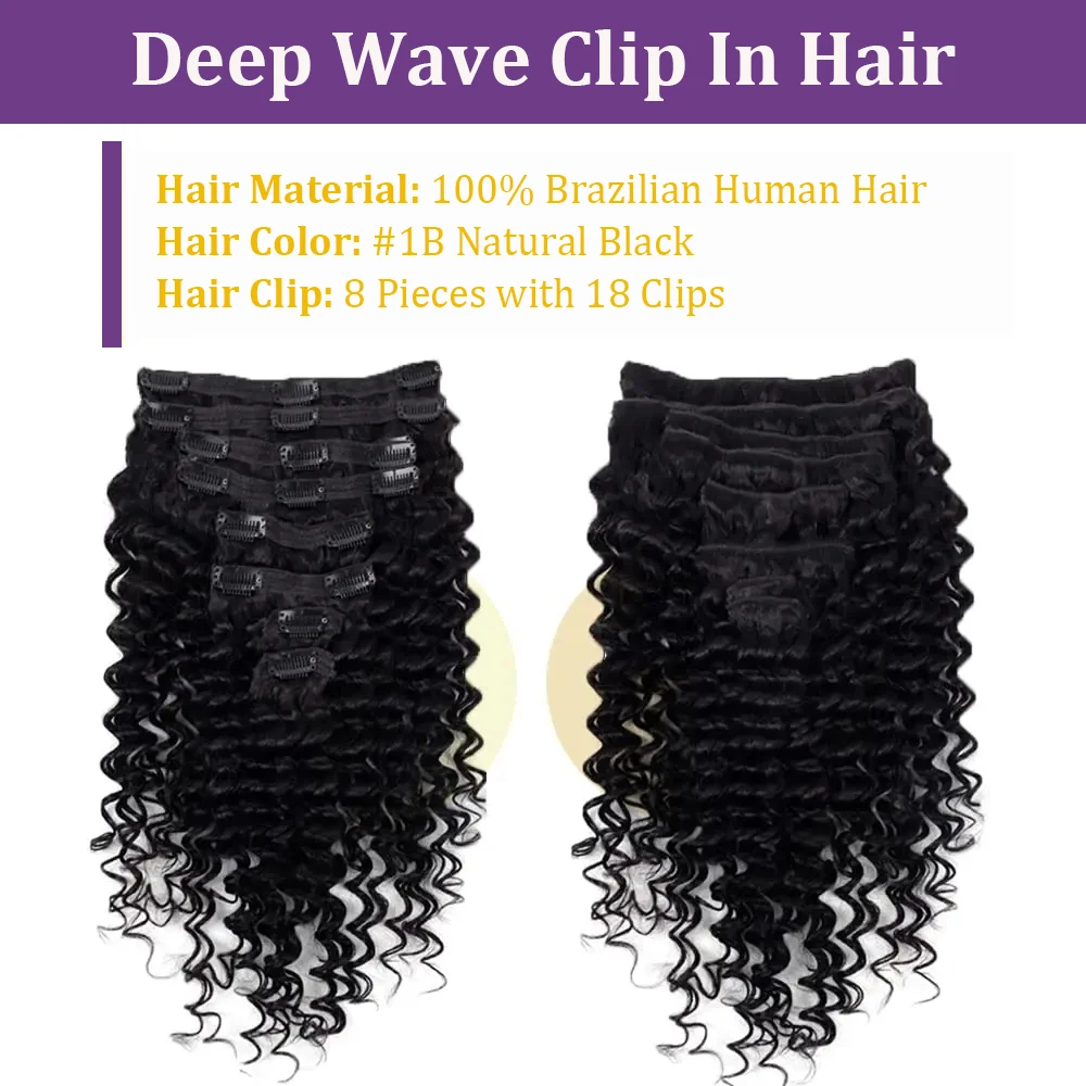 Extensions de cheveux bouclés Deep Wave avec 18 clips pour femmes, vrais cheveux humains, optique aux extrémités, noir naturel, 120G, 240G par ensemble