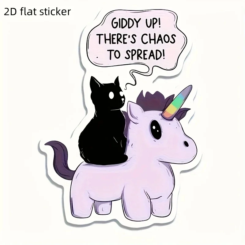 Etiqueta engomada del coche del vinilo del gato negro y del unicornio de la historieta adorable de 10x14cm - ¡ Giddy Up! Hay el caos para extender la pegatina del coche, impermeable