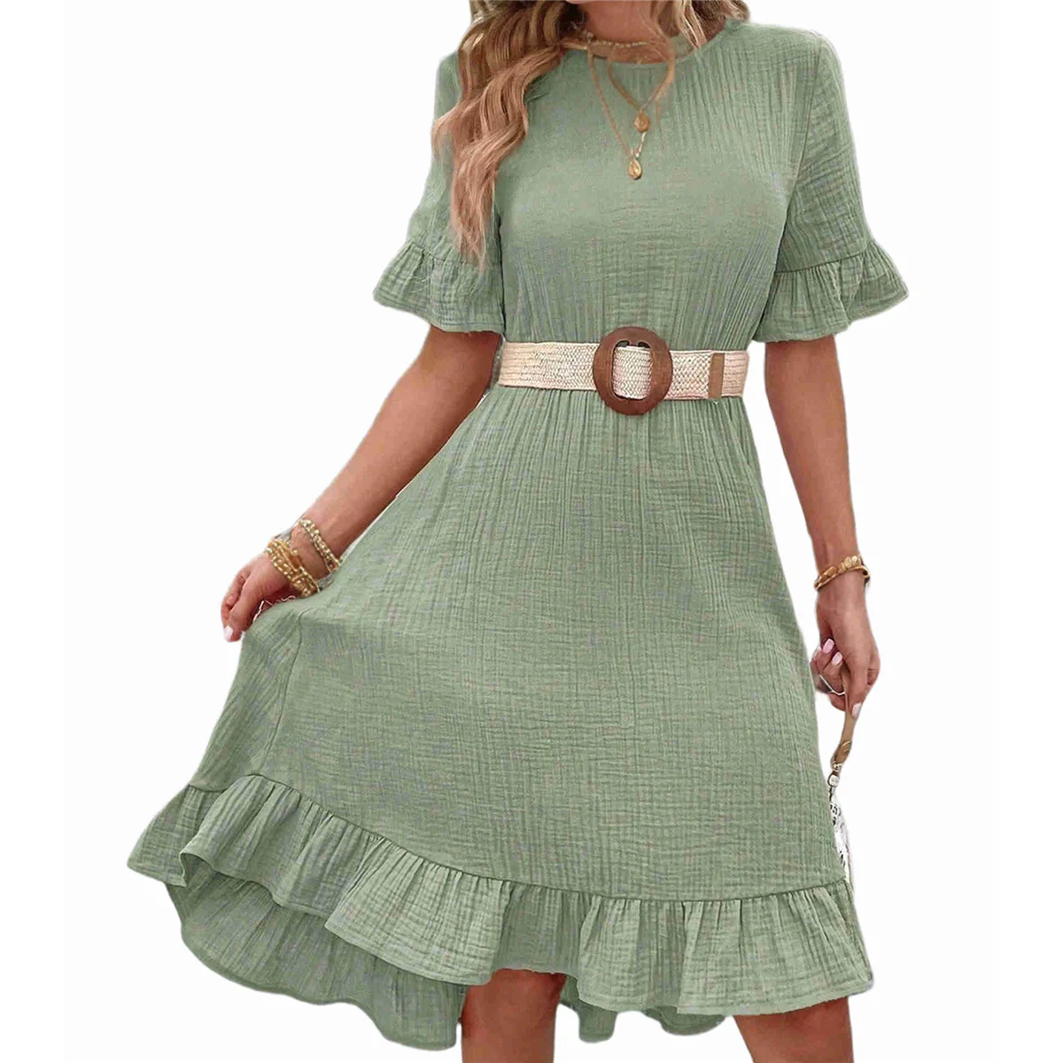 

Women'S Short Sleeve Dresses High Waist Round Neck Solid Flounce Sleeve Ruffle Dress Bean Green S