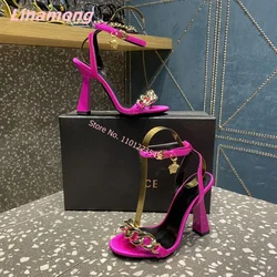 Round Toe Luxury Design Sandals 2024 Summer New Women Solid Thin High Heel Leather Sexy Luxury Metal Chain Wedding Party Shoes