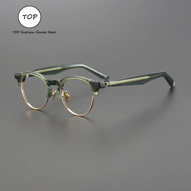 

2025 Japanese Spring Leg Round Frame Plate Women's Glasses Frame Retro Can Be Matched with Myopia Men Half Frame Glasses