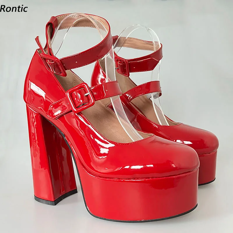 Rontic-zapatos de tacón de plataforma de alta calidad para mujer, cuñas Sexy, punta redonda, rojo, fucsia, zapatos de fiesta para mujer, talla grande de EE. UU. 4-15