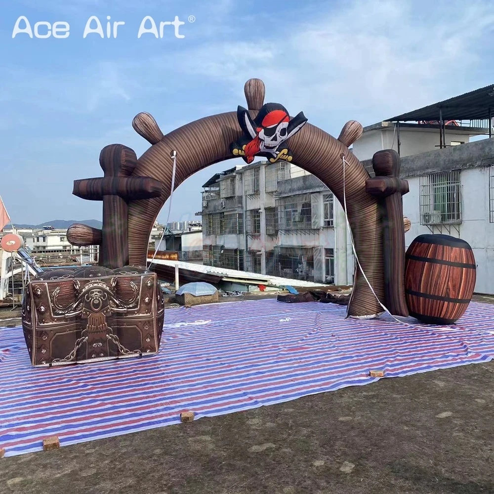 Fantastic 7mW Inflatable Pirate Ship Arch Entrance With Treasure Box And Wine Barrels For Sea Theme Party Decoration