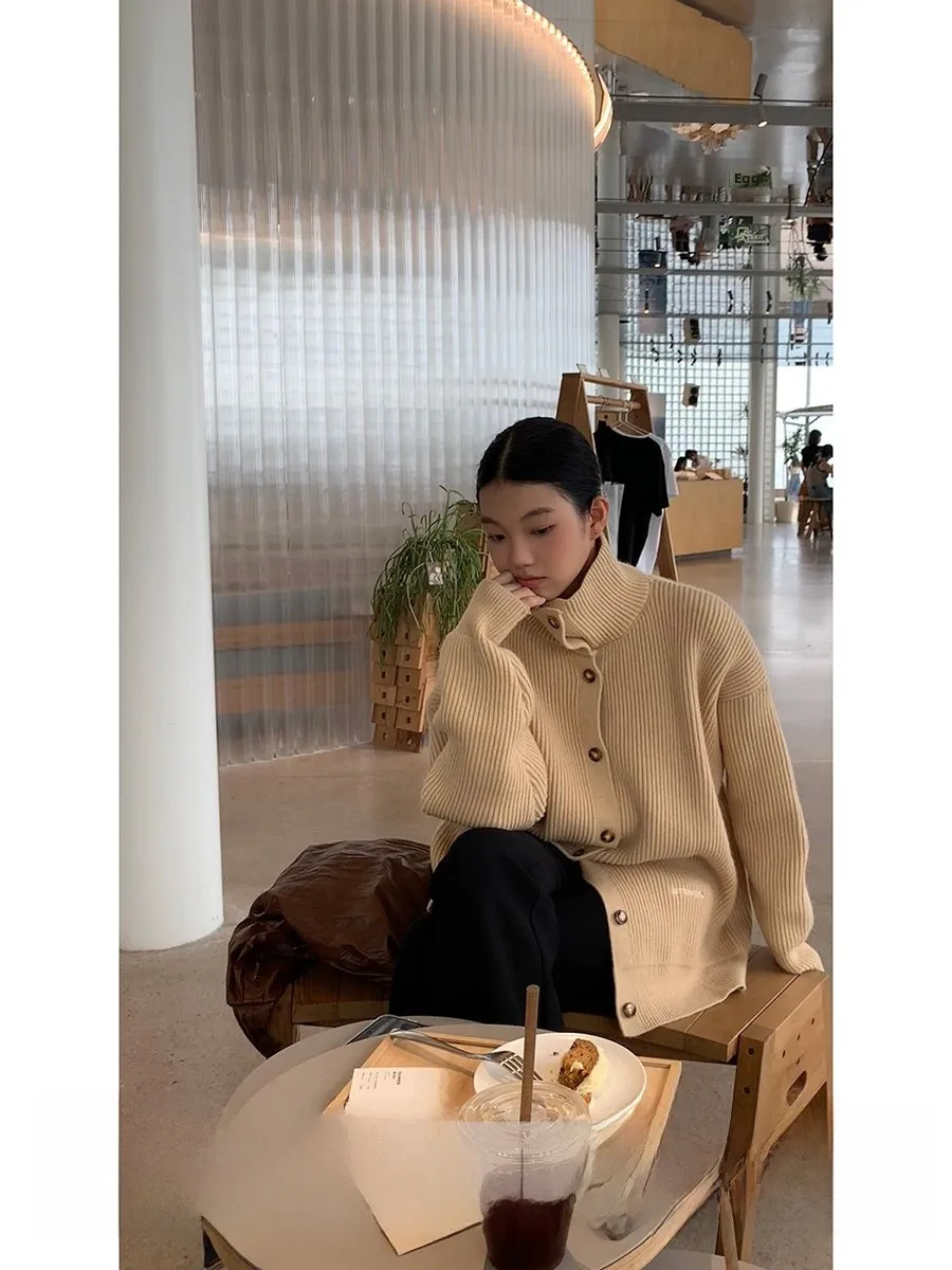 

Elegant High Collar Knitted Open Cardigan Women's Autumn Winter Loose Fit Long Sleeve Sweater Jacket Comfortable Casual Style