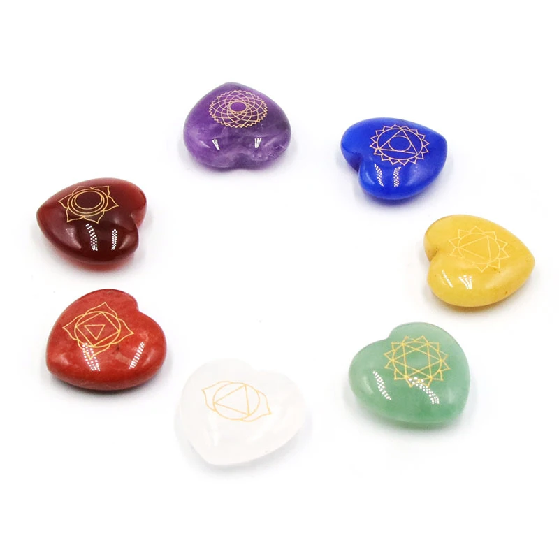 7 Chakra Heart Shape Stone Set Natural Gemstone Mindfulness Reiki Engraved Healing Crystal Amethyst Woman Yoga Meditation Tool