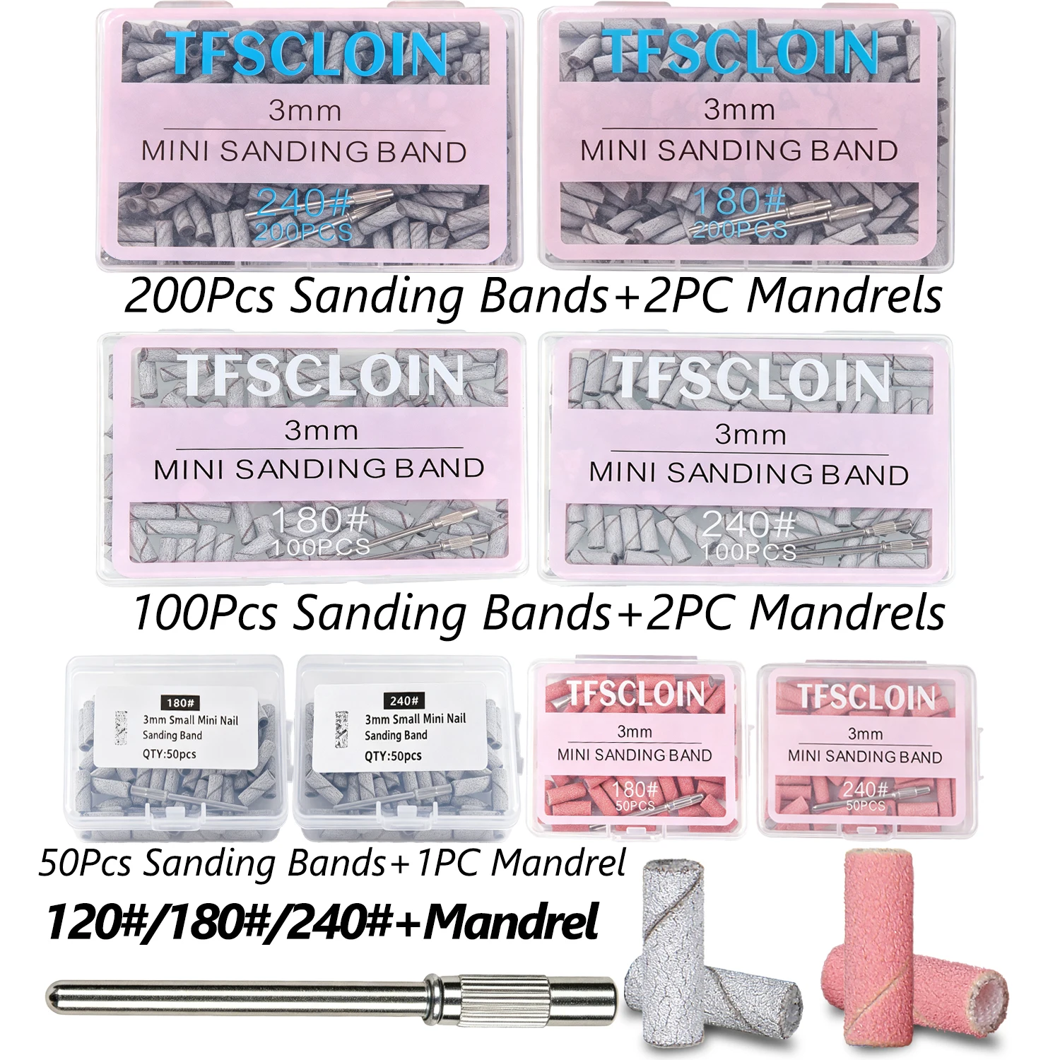 50/100/200Pcs 3mm Small Nail Sanding Bands 80#120#180#240# Grit Sand Ring with Metal Mandrel Bit for Acrylic Gel Nail Polishing