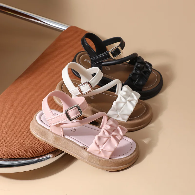 Summer Kids One-Strap Princess Sandals Soft-Soled Breathable Open-Toe Beach Shoes Girls Pleated Casual Sandals Everyday Casual