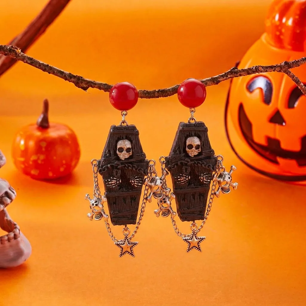 Creative Black Spooky Coffin Earrings for Women Horror Skull Skeleton Hand Tassel Chain Drop Earring Gothic Party Jewelry