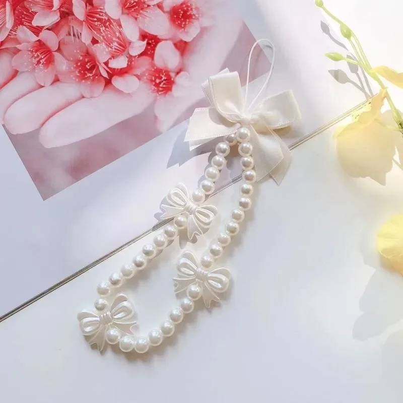 سلسلة هاتف لؤلؤية على شكل قلب مع فيونكة بيضاء من كوريا للنساء والفتيات حبل مطرز للهاتف إكسسوارات مضادة للفقدان هدية مجوهرات السيارة - 5