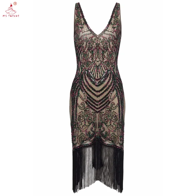 Vintage 1920s Flapper V-Neck Sequin Tassel Latin Dance Ballroom Women Great Gatsby Party Dress Elegant Beaded Sleeve