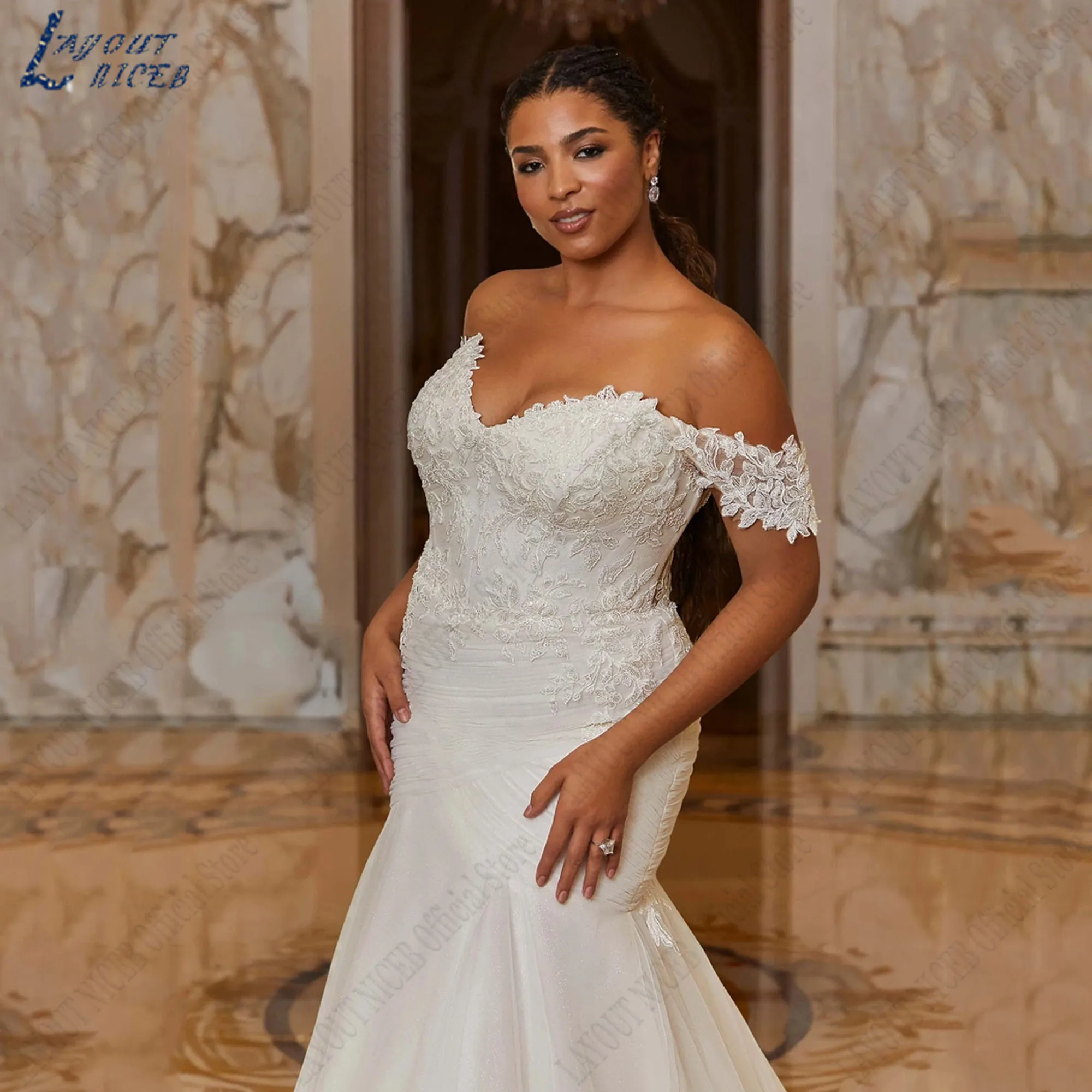 LAY-OUT NICEB Oversize Sweetheart Trouwjurken Zeemeermin Off Schouder Tule Bruid Toga Backless Applicaties Vestido De Casamento