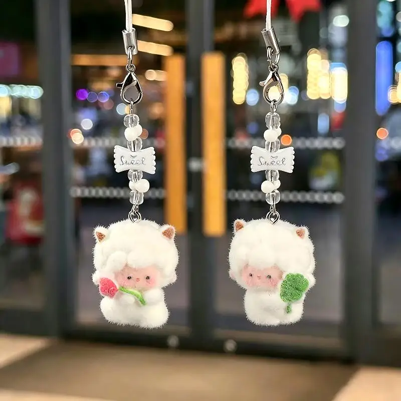 Cute Flocking Sheep Keychain For Women Mini Lamb Doll Pendant DIY Handmade Bag Charms Phone Strap Car Keychain Accessories Gift