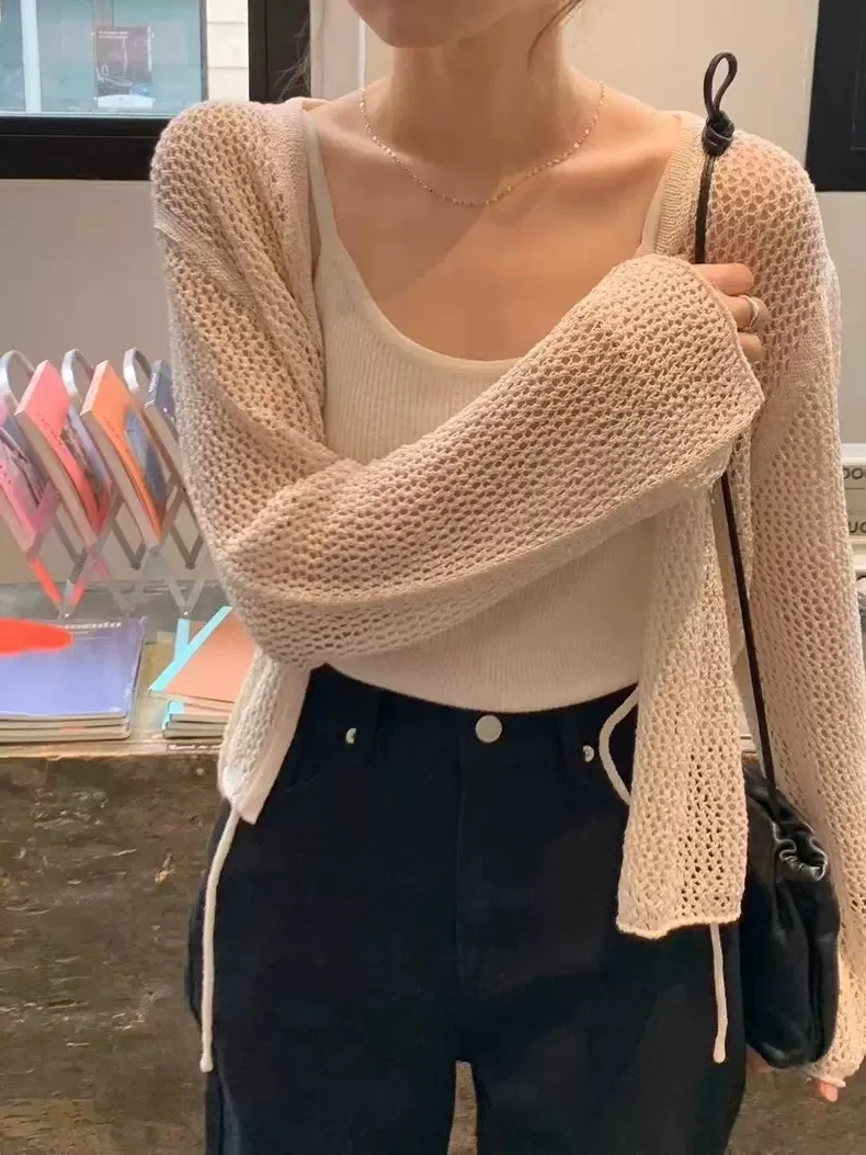 East Gate OUCE Gentle Wind Cardigan aperto lavorato a maglia scavato sciolto pigro versatile Top da donna vestibilità ampia lungo Sve V-Ne Kni...