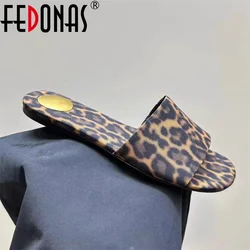 FEDONAS Genuine Leather Flats Heels Casual Shoes For Women Sexy Leopard Black Party Shoes Summer Outdoor Slippers Sandals