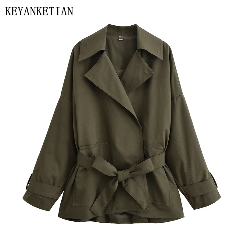 

KEYANKETIAN, осенний новый женский костюм с воротником, длинными рукавами и манжетами, пояс, нерегулярная ветровка, женский облегающий топ
