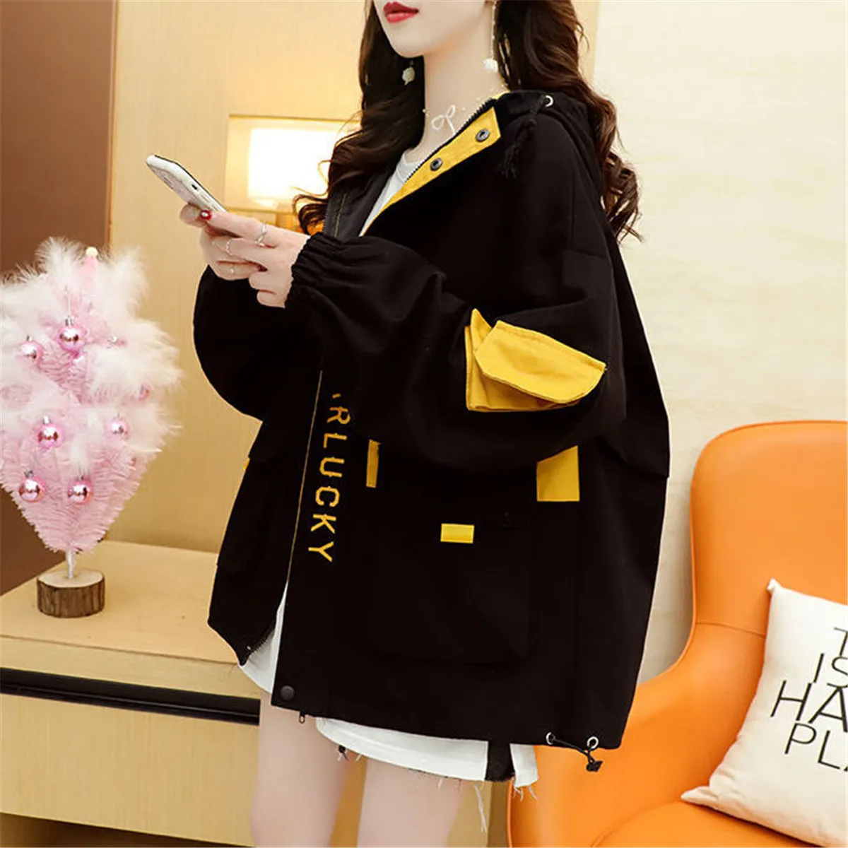 Cool Black Work Jacket Harajuku Streetwear Kpop Hoodie Women Anime Tops Vintage Ulzzang Autumn Boyfriend Patchwork Jacket Femme