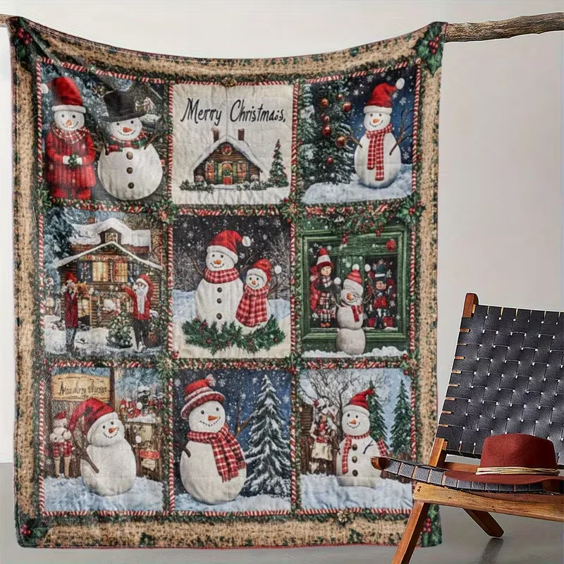 Extra-Large Snowman Cottage Christmas Blanket Winter Scene with Snowman  'Merry Christmas' Text - Soft Flannel Texture Blanket