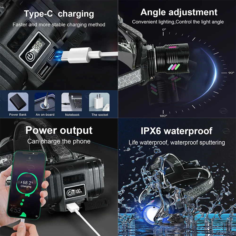 600000LM Super Bright Headlamp Rechargeable LED Headlight Waterproof Head Flashlight With Digital Display Camping Fishing Lights