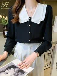 H Han Queen Simple Autumn Elegant Single-Breasted Blouses Womens New Korean Loose Casual Vintage Shirts OL Office Wear Work Tops