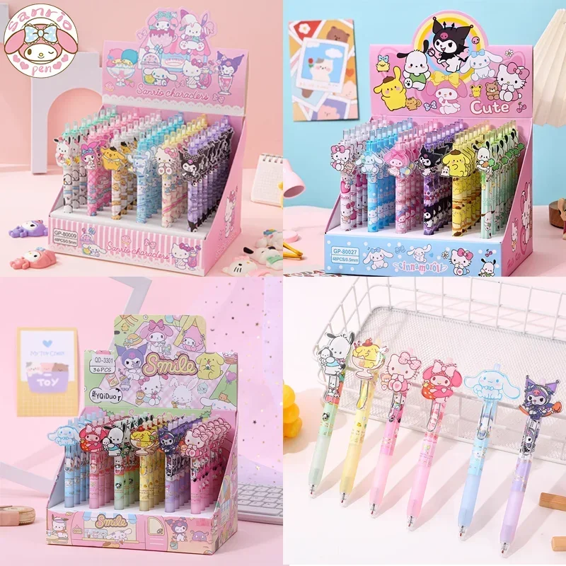 

samoprzylepne długopisy żelowe Sanrio 36/48 sztuk Kawaii Hello Kitty Cinnamoroll akrylowa łatka naciśnij długopis szkolne dla dzieci artykuły papiernicze sklep dostaw