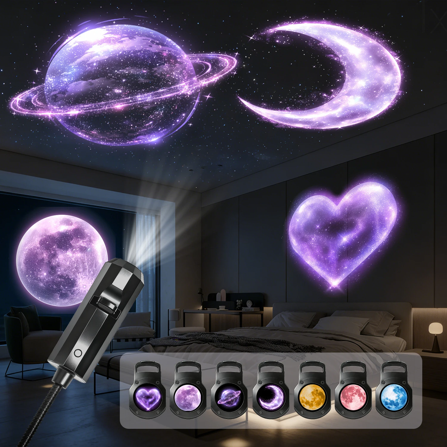 

Space-themed projector light, with 8 interchangeable light panels including planets/hearts, for bedroom ceiling decoration.