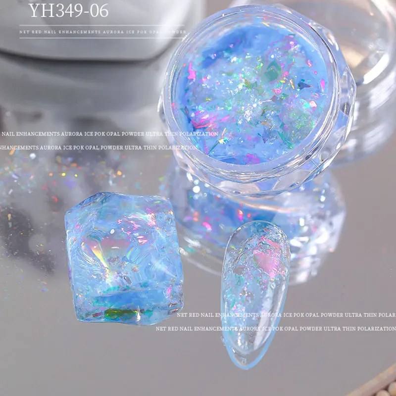 1jar Aurora Ice Crystal Opal Powder Nail Glitter Iridescent Dust Charm Nail Flakes Slice Sparkly Brocade Sequin Nail Decor 0.3G