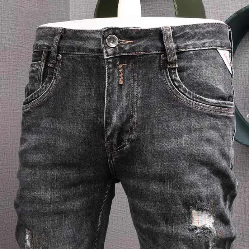 Fashion Designer Men Jeans High Quality Retro Black Gray Stretch Slim Fit Ripped Jeans Men Vintage Casual Denim Pants Hombre