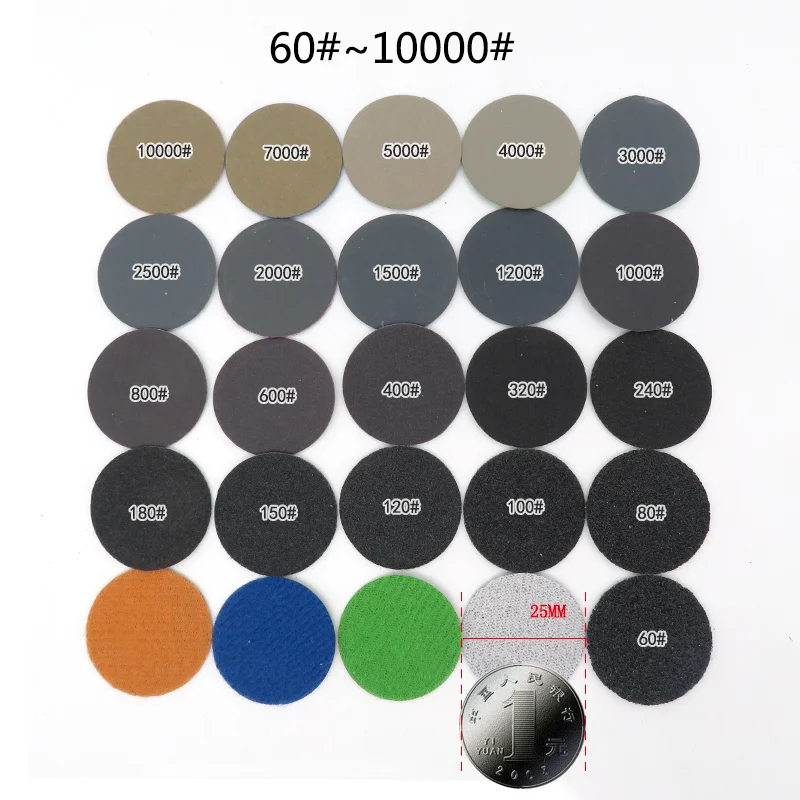 Discos de lixa para moagem abrasiva, ferramenta de polimento, gancho e loop pad, disco de lixa flocado, seco e molhado, 60-10000 #, 1-100PCs, 1 pol, 25mm