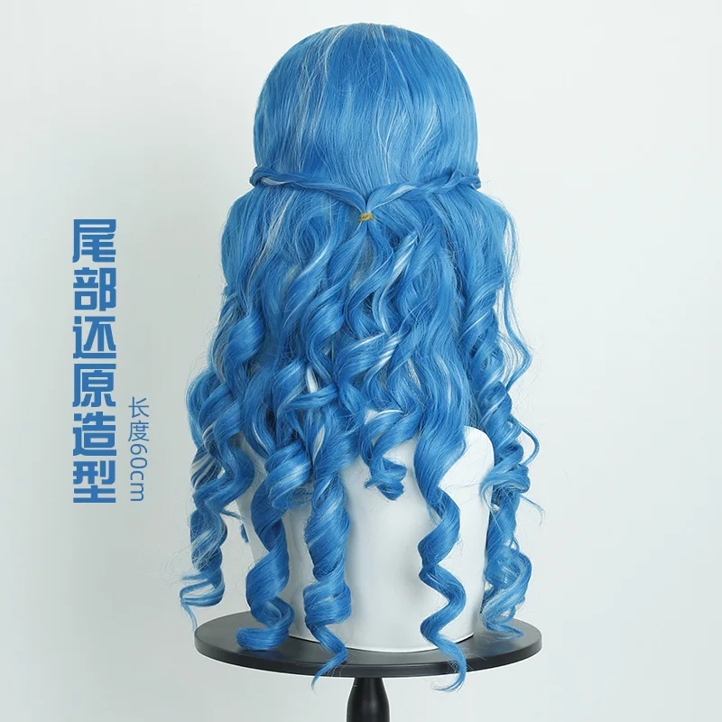 Anime-Perücke, weiße Königin, Alice, Cosplay-Perücke, langes lockiges Haar mit blauem und weißem Farbverlauf