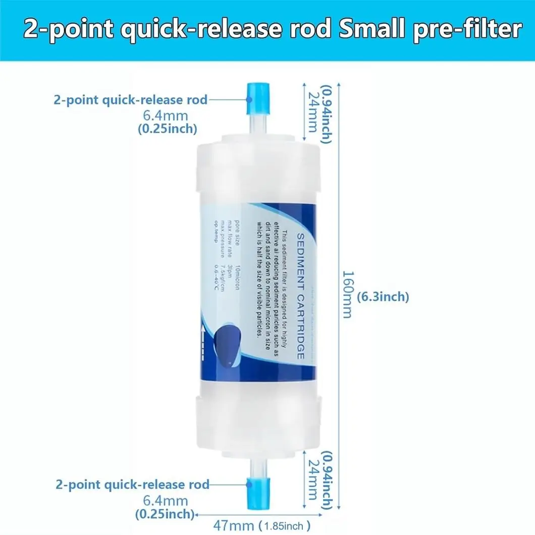 6Pcs 1/4 Quick Connect PP Sediment Filter Cartridge 10 Micron Inline Water Filter Replacement Under Sink Water Purifier System